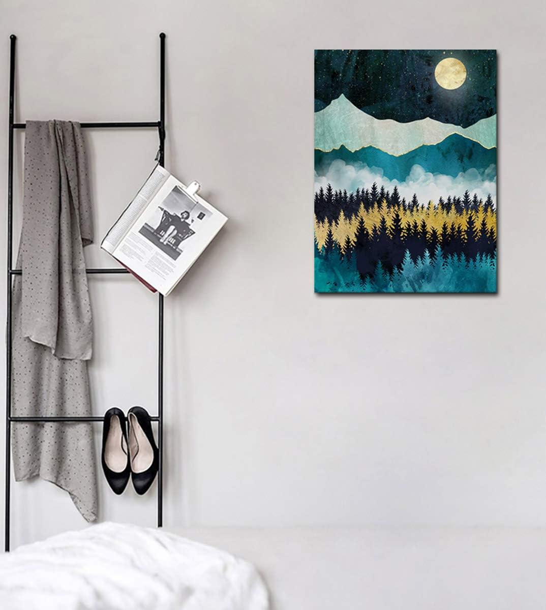 Mountain Forest Wall Art Moon Night Nature Canvas Artwork Modern Nordic Landscape Canvas Pictures for Bathroom Bedroom Living Room Kitchen Office Home Decoration Framed Ready to Hang 12" x 16"