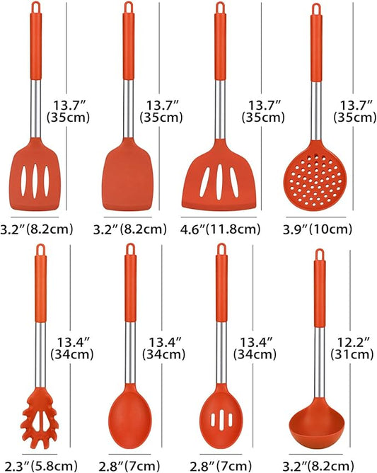 Silicone Cooking Utensil Set, 8Pcs Non-stick Cookware with Stainless Steel Handle, BPA Free Heat Resistant Kitchen Tools with Spatulas, Turners, Spoons, Skimmer and Pasta Fork (RED)