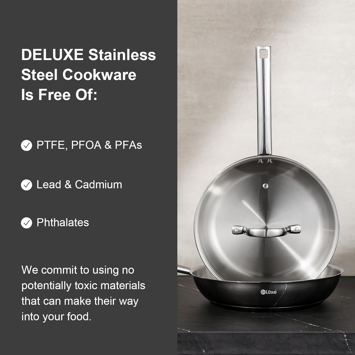 DELUXE Stainless Steel Frying Pan Set 4-Pieces, 10" and12 Skillet with Lid and Stay-Cool Handle, PFOA Free Stainless Steel Pan Suitable with Induction Gas Stoves, Dishwasher&Oven Safe