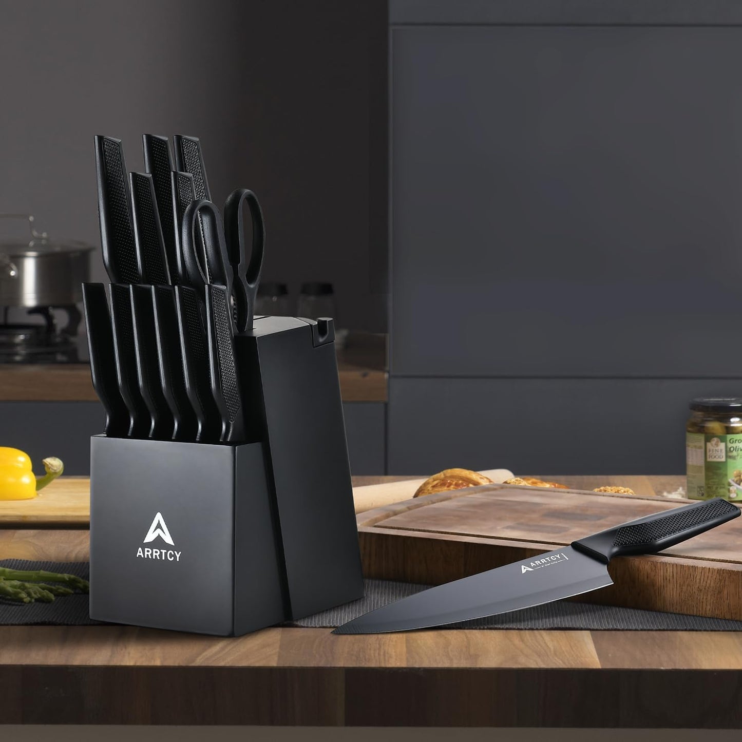 Knife Set with Block - Kitchen Knife Set German High-Carbon Steel - 15-Piece with Built-in Sharpener & Dishwasher Safe - Ergonomic Anti-Slip Handles,Black,Gift Box Included