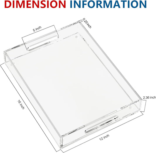 Acrylic Serving Tray with Handles-16x12x2.36Inch-Decorative Tray Letter Tray Organizer for Ottoman Coffee Table Countertop, Clear