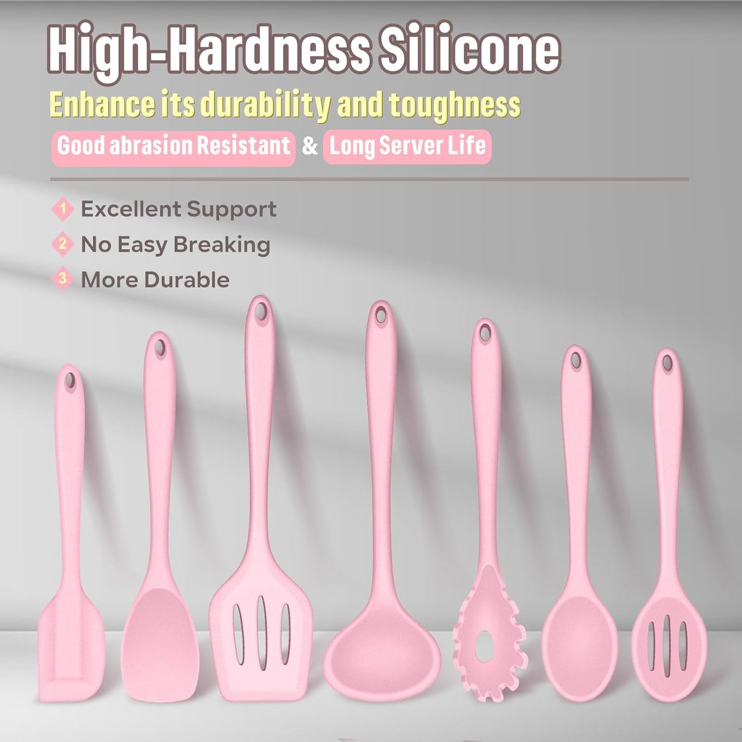 E-far Silicone Cooking Utensils Set, 7-Piece Pink Heat Resistant Kitchen Utensils Set, Kitchen Nonstick Tools Spatula Ladle Spoon Pasta Server for Non-stick Cookware, Non-Toxic & Dishwasher safe
