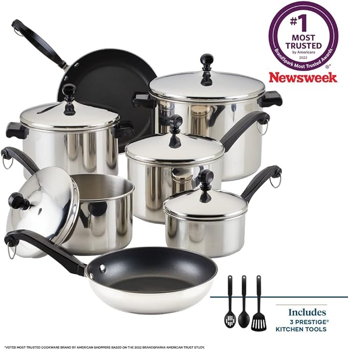 Farberware Classic Stainless Steel Cookware Pots and Pans Set, 15-Piece,50049,Silver