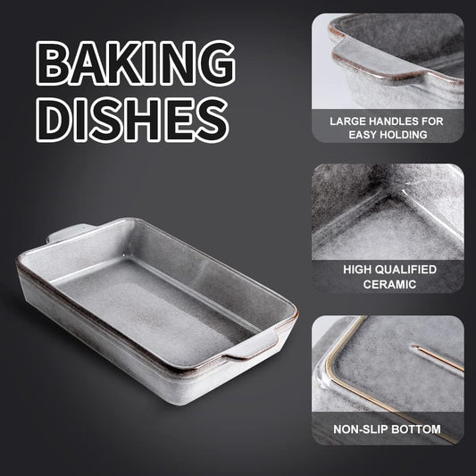 Bakeware Set, Ceramic Baking Dish Set, Rectangular Casserole Dish Set, lasagna Pan, Baking Pans Set for Cooking, Cake Dinner, Kitchen, 9 x 13 Inches, Reactive Glaze 3-Piece (Variable Grey)