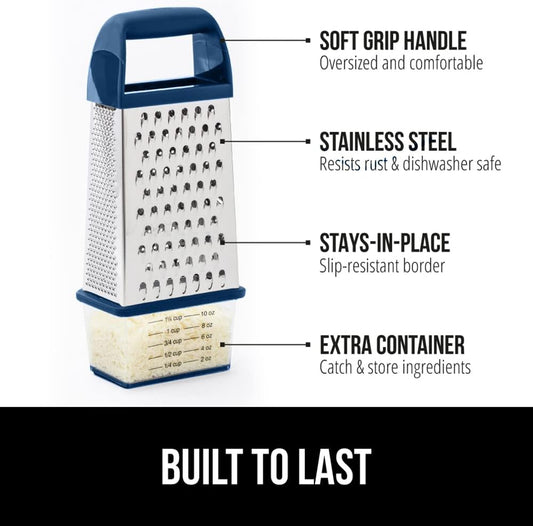 GORILLA GRIP 4-Sided 100% BPA-Free Cheese Grater With Container, Stainless Steel XL Box Graters, Parmesan Shredder, Grate Cheeses, Shred Veggies, Slip Resistant Handle, Dishwasher Safe Zester, Blue