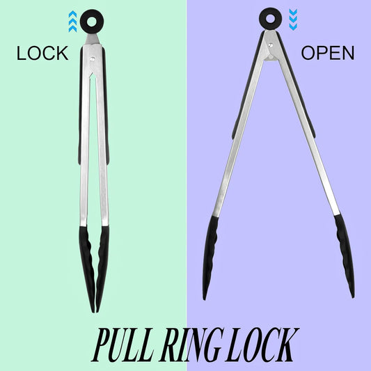 HST Tongs for Cooking with Silicone Tips(3 Pack), Non Stick Kitchen Tongs with Silicone Tip for Cooking BBQ Baking (12", Black)