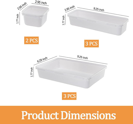 8 Pcs Desk Drawer Organizers, 3 Size Plastic Vanity and Bathroom Drawer Organizer Trays, Storage Bins for Makeup, Utensils, Jewelries, Office and Kitchen (White)