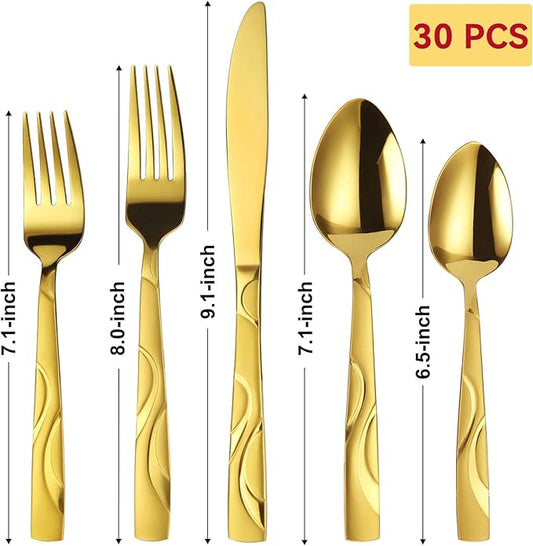 30 Pieces Gold Flatware Silverware Set, Stainless Steel Fork Spoon Knife Set Service for 6, Food Grade Cutlery Set 30-piece, Dishwasher Safe