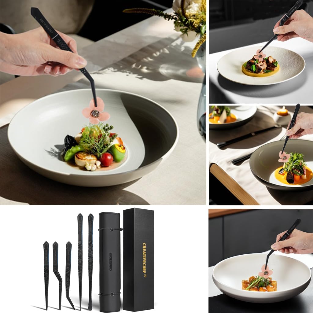 CREATIVECHEF Chef Tweezer Tongs, Professional Kitchen Tweezers, Precision Tweezer Tongs for Cooking, BBQ, Plating, Stainless Steel, Black (5)