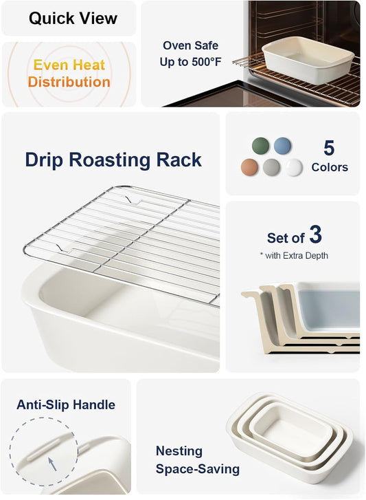 LE TAUCI Deep Casserole Dishes for Oven, 13.7”x9.6” Ceramic Baking Dish Set with Roasting Racks, Large Lasagna Pans with Handles, Rectangular Bakeware as Gift for Mom, White (4.6QT/3.0QT/1.6QT), Set of 3