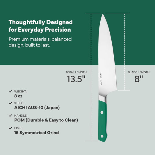 Misen 8" Chef Knife – High Carbon Japanese AUS-10 Stainless Steel – Hybrid German & Japanese Blade – Precision Kitchen Knife for Professionals & Home Cooks – Ultimate Cutting Performance - Green