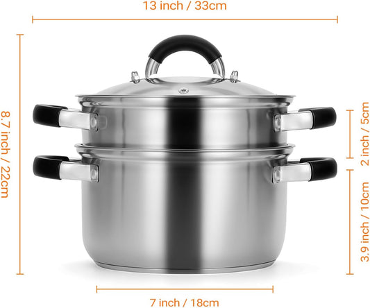 Kirecoo 3.2QT Steamer for Cooking - Stainless Steel Steam Pot with Steamer Basket, Cooking Stock Pot with Silicone Handle, Lid for Vegetable, Dumplings, Soup, Food, 3Ply Bottom Boiling Stew Cookware