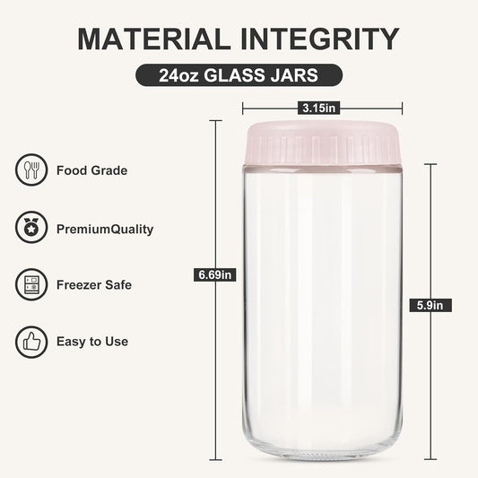 Overnight Oats Containers with Lids, 24oz Glass Jars with Lids 2 pcs, Pink, Wide Mouth Mason jars for Salad, Yogurt, Snacks, Meal Prep