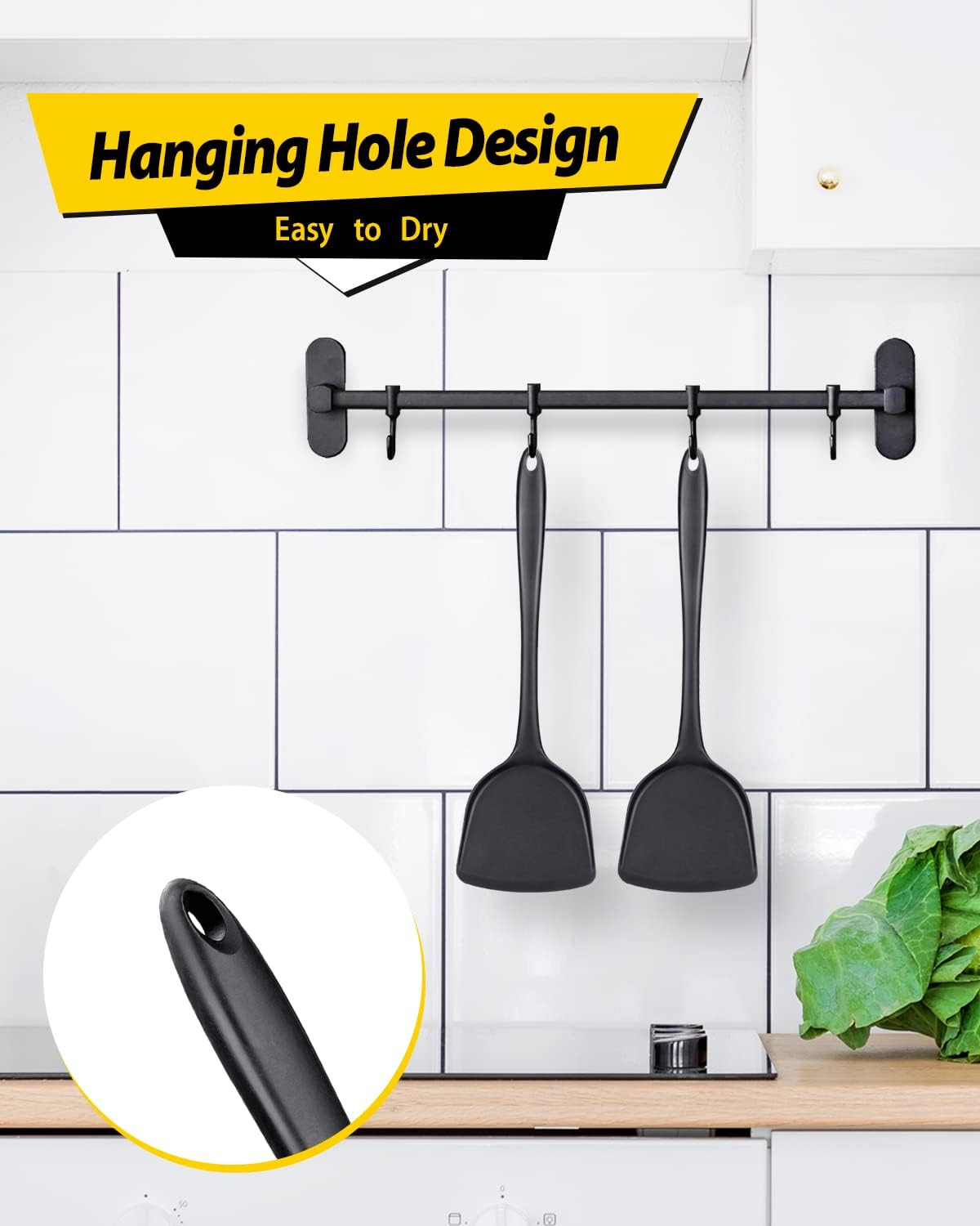 Pack of 2 Silicone Wok Spatula, Non-Stick, Heat Resistant, Easy to Clean and Dishwasher Safe, Seamless Kitchen Utensil for Cooking, Baking, Stir-Fry (Black)