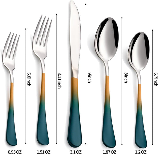 20-Pieces Green Orange Silverware Sets for 4,Green Orange Handle Stainless Steel Cutlery Set, Include Forks Spoons and Knives Set, Dishwasher Safe Utensil Sets for Home Restaurant
