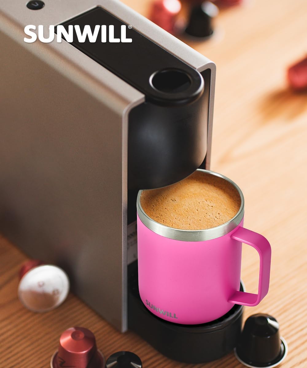 SUNWILL Insulated Coffee Mug with Lid, Travel Tumbler with Handle, 14 oz Stainless Steel Cup for Home, Office, Camping, Powder Coated Magenta