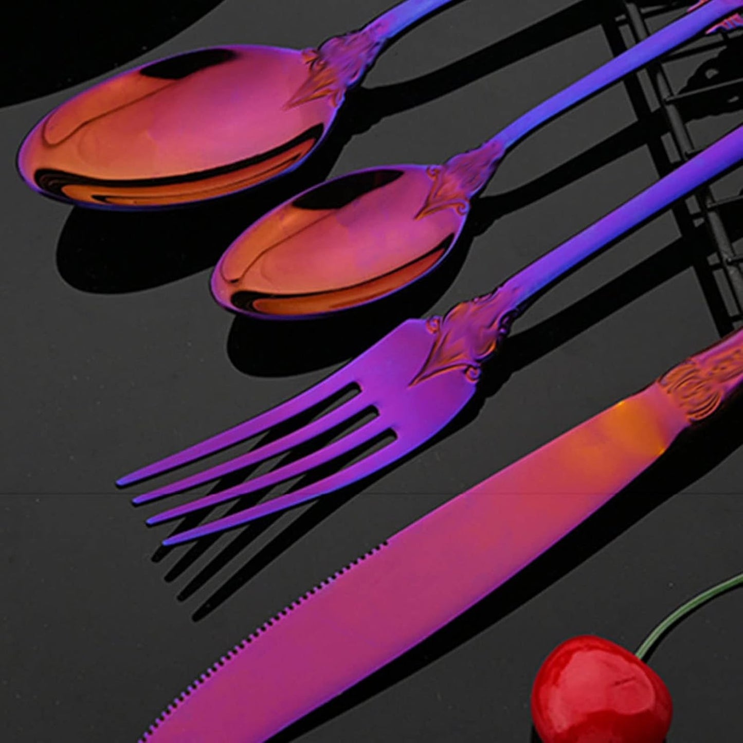 JASHII 4-Piece Purple Cutlery Set Silverware Set, Mirror Polished, Stainless Steel Flatware Cutlery Eating Utensils Service for 1, Unique Elegant Pattern, Dishwasher Safe (Purple)