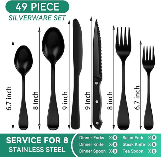 49-Piece Black Silverware Set with Organizer, Stainless Steel Flatware Set for 8 with Drawer Tray, Cutlery Steak Knives Fork Spoon for Home Restaurant, Mirror Finish, Dishwasher Safe