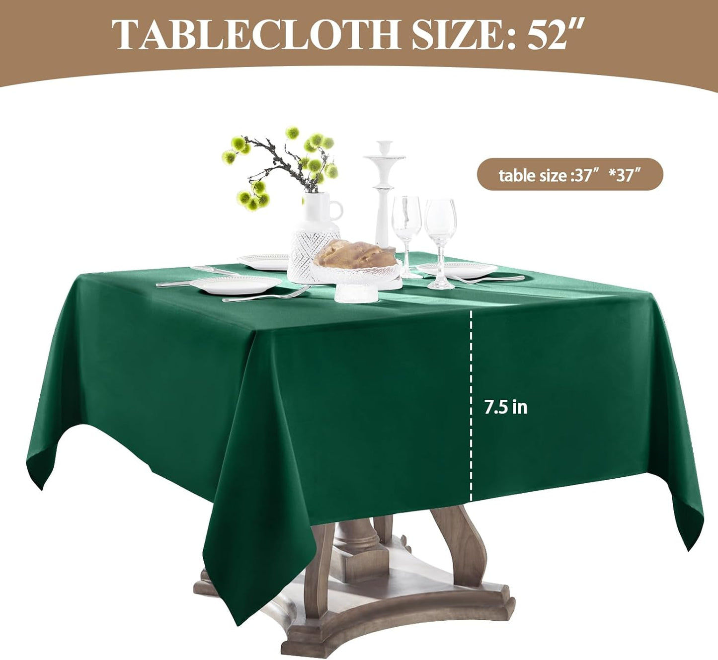 Square Tablecloth 52 x 52 Inch Dark Green Tablecloths Stain-Wrinkle Resistant Washable Polyester Table Cloths for Holiday, Buffet Parties,and Wedding 2pack