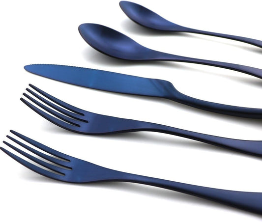 JASHII Luxury 20 Pieces 18/10 Stainless Steel Silversmiths Flatware Blue Matte Replace Titanium Black Silverware Set DISHWASHER SAFE Utensils,Dinner Knife Fork Salad Fork w/DINNER COFFEE Spoon