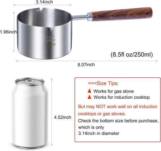 stainless steel mini pot - butter warmer, 8.5fl oz (250ml) coffee/milk warmer, mini sauce pan for coffee, ideal for seafood butter warmers,melting pot With dual spouts and wooden handle
