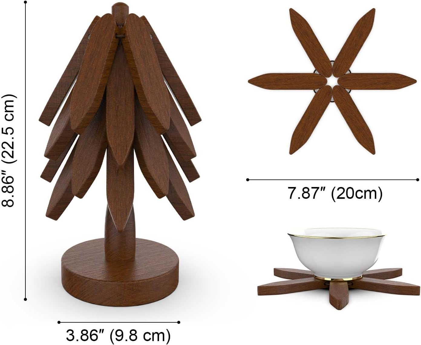 Wooden Trivets for Hot Dishes, Tree Shape Trivet Set, 4 Wooden Trivets+1 Stand, Natural Foldable Kitchen Wooden Trivet for Hot Dishes, Pot, Bowl, Teapot, Hot Pot Holders