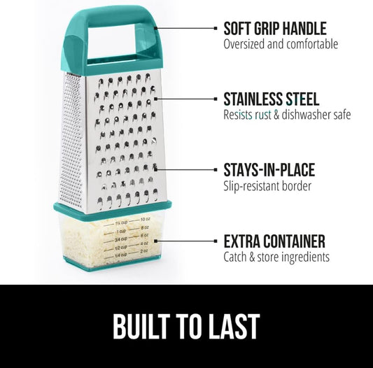 GORILLA GRIP 4-Sided 100% BPA-Free Cheese Grater With Container, Stainless Steel Box Graters, Parmesan Shredder, Grate Cheeses, Shred Veggies, Slip Resistant Handle, Dishwasher Safe Zester, Turquoise