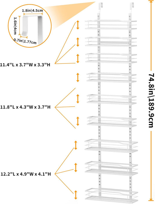 Moforoco White Narrow 9-Tier Over The Door Pantry Organizer, Pantry Organization and Storage, Metal Hanging Basket Wall Spice Rack Seasoning Shelves, 12.2"