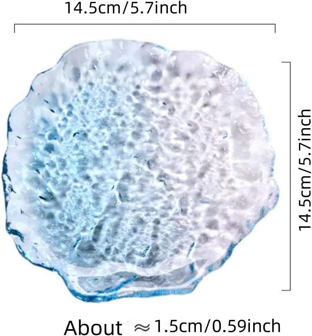 Colorful Glass Dessert Plates, Crystal Clear Snack Fruit Candy Cake Plate, Irregularity Shape Plates for Appetizer, Ice Cream, Salad, Small Serving Dishes (blue, 5.7inch 2pcs)