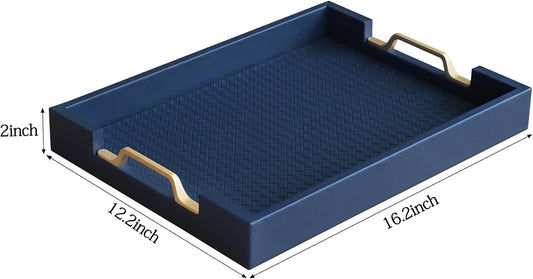 HofferRuffer Faux Leather Rectangle Serving Tray Decor Platter with Gold Metal Handles for Coffee Table, Breakfast, Tea, Food, Countertop, Kitchen, Butler Tray, 16.2 x 12.2 x 2 inches (Navy Blue)