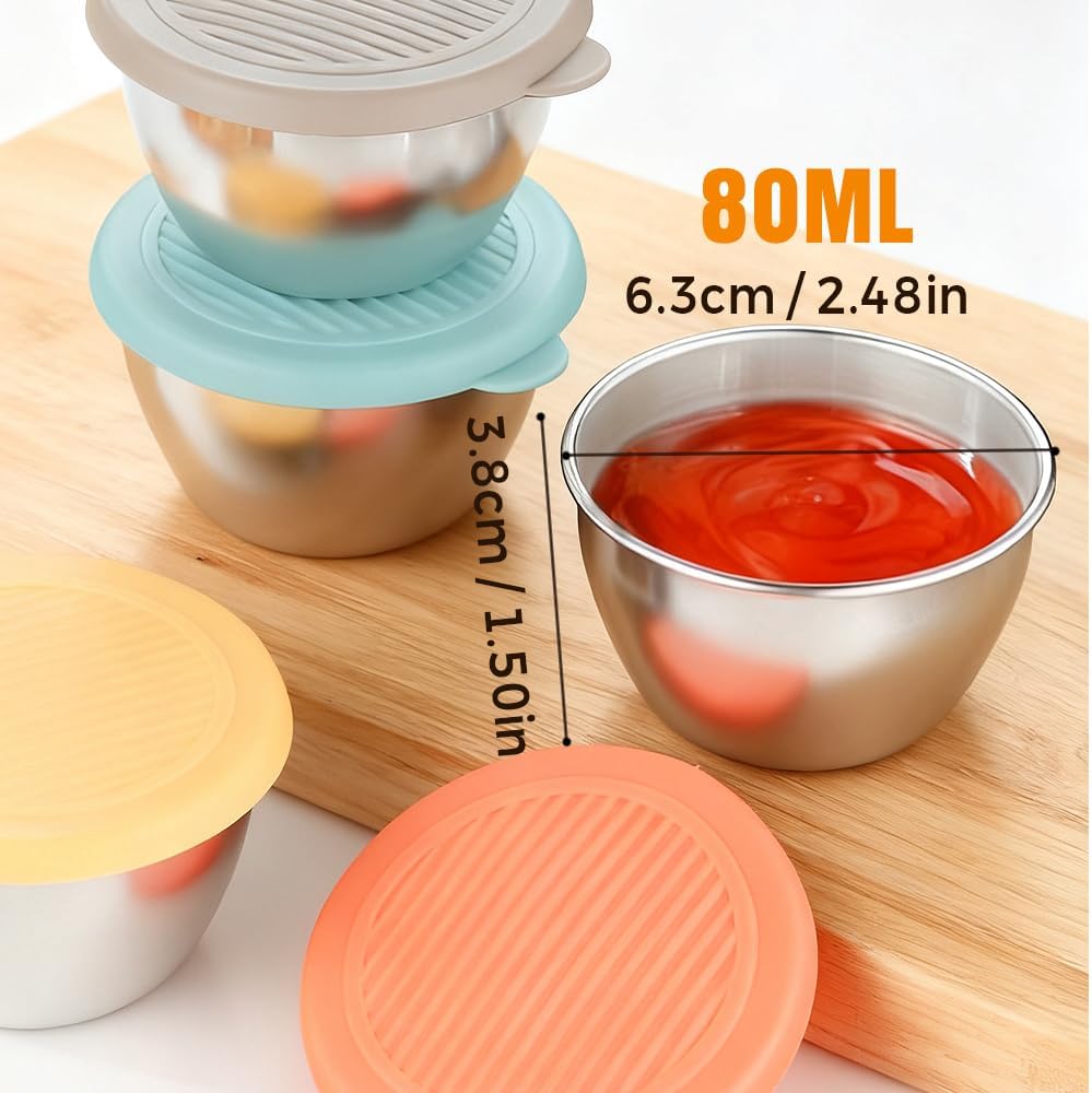 6 Pack Salad Dressing Container To Go, 2.7 oz Small Condiment Containers with Lids, Reusable Stainless Steel Sauce Cups, Leakproof Silicone Lids for Lunch Bento Box, Picnic and Travel (6)