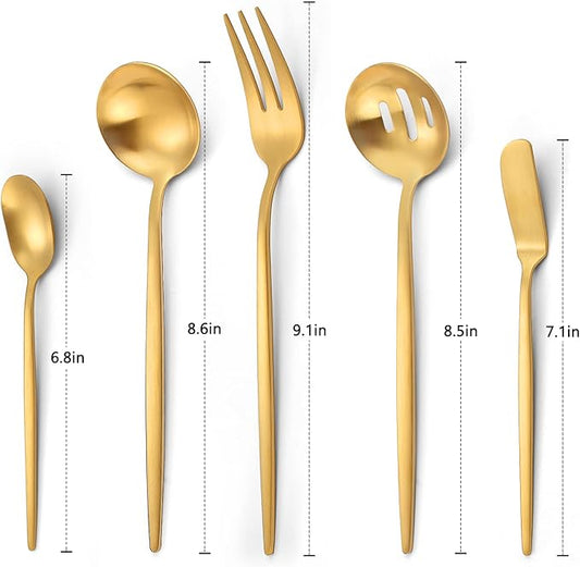 Matte Gold Serving Silverware Set, 5-Piece Round Shared Utensils Set of Stainless Steel, Hostess Flatware Serving Set, Satin Finish, Dishwasher Safe