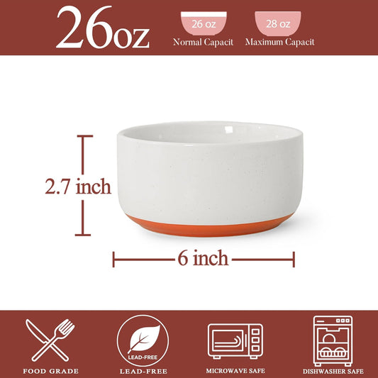 Stoneware Cereal Bowls Set of 4, 6 Inch Deep Bowl for Oatmeal, Soup, Ceramic Bowls Sets, Microwave Safe, Dishwasher Safe, Versatile for All Seasons, Stardust Glaze White
