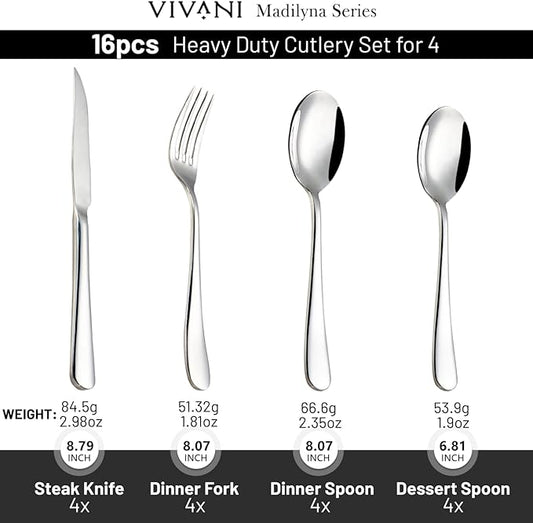 VIVANI 16 Piece Heavy Silverware Set, Forged Flatware Set with Steak Knives, Premium Stainless Steel Cutlery Set for 4, for Kitchen, Home, Wedding, Party, Mirror Polished and Dishwasher Safe