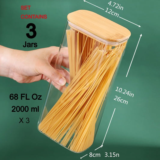 68oz Glass Storage Containers Set of 3 with Lids, Ideal for Pasta, Pickles, Rice, Chia Pudding, Coffee, Spices, Snacks - Tall Jars, Yogurt & Meal Prep Containers for Kitchen Organization