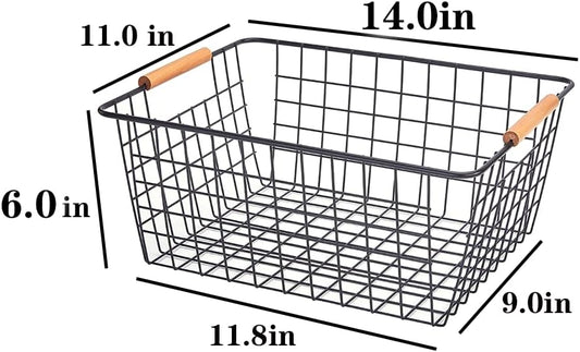 LeleCAT Large black wire baskets for Organizing with Wooden Handles for storage pantry, Storage Organizer Baskets, Household Snack Basket for Cabinets, Closets, Bedrooms, kitchen - Set of 2(Black)