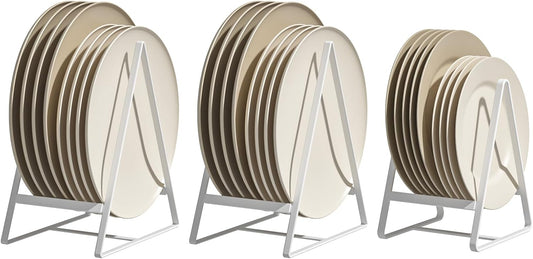 2 Large 1 Small Triangle Plate Holders Organizers Upright Cabinet Dish Drying Racks Metal Plate Dish Organizers Racks Stands for Countertop and Cupboard White