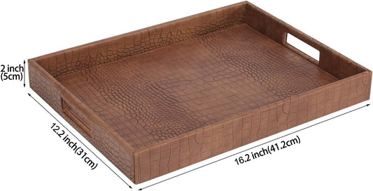 HofferRuffer Rectangle Serving Tray with Hole Handles for Coffee Table, Breakfast, Tea, Food, Butler - Countertop, Kitchen, Vanity Serve Tray, 16.2 x 12.2 x 2 inches, Faux Leather (Antique Brown)