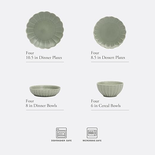 Gibson Elite Malibu Shore 16 Piece Scallop Stoneware Reactive Glaze (Service for 4) Ceramic Plates and Bowls Dinnerware Set - Green