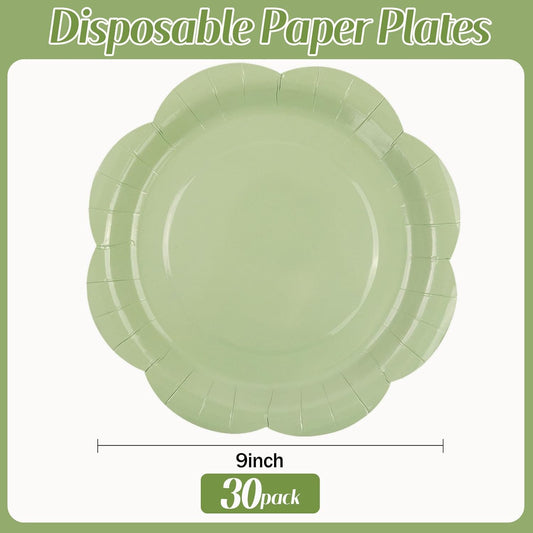 30 Pack Sage Green Paper Plates 9 Inch, Disposable Scalloped Plates Cake Dessert Plate for Dinner Baby Shower Wedding Bridal Shower Birthday Party Supplies (Sage Green, 9 inch)