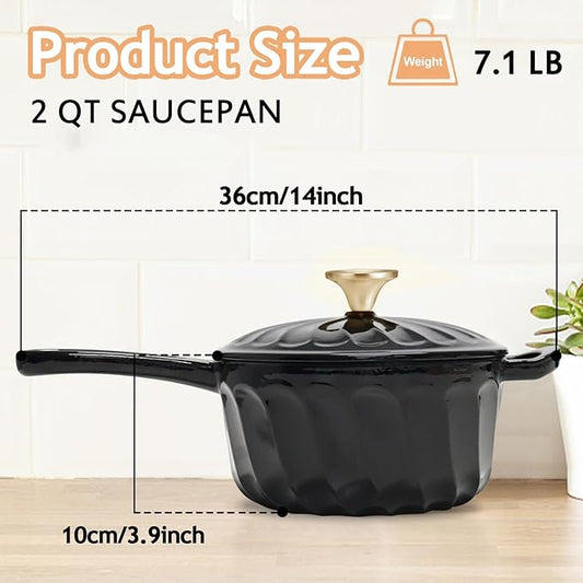 Enameled Cast Iron Sauce Pan, 2 Quart Enameled Saucepan with Lid, Mini Dutch Oven Enamel Saucepan for Cooking Pasta Sauce, Gravy, Puddings, Marinate, Boiling (Black)