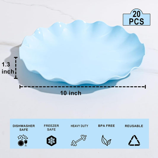 LIYH 20 Pcs 10 Inch Light Blue Plastic Plates Reusable - Unbreakable Scalloped Dinner Plates for Baby Shower Party Outdoor Picnics Dishwasher Safe BPA Free