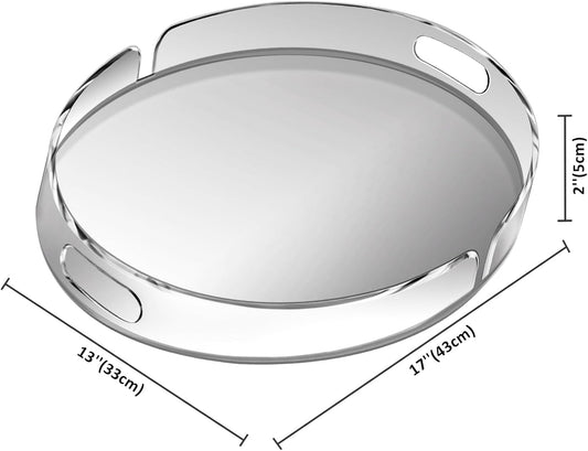 Acrylic Serving Tray with Handles Large Decorative Ottoman Tray 17x13'' Round for Bathroom Food Coffee Fruit Snack Tea Dinner Living Room, Clear