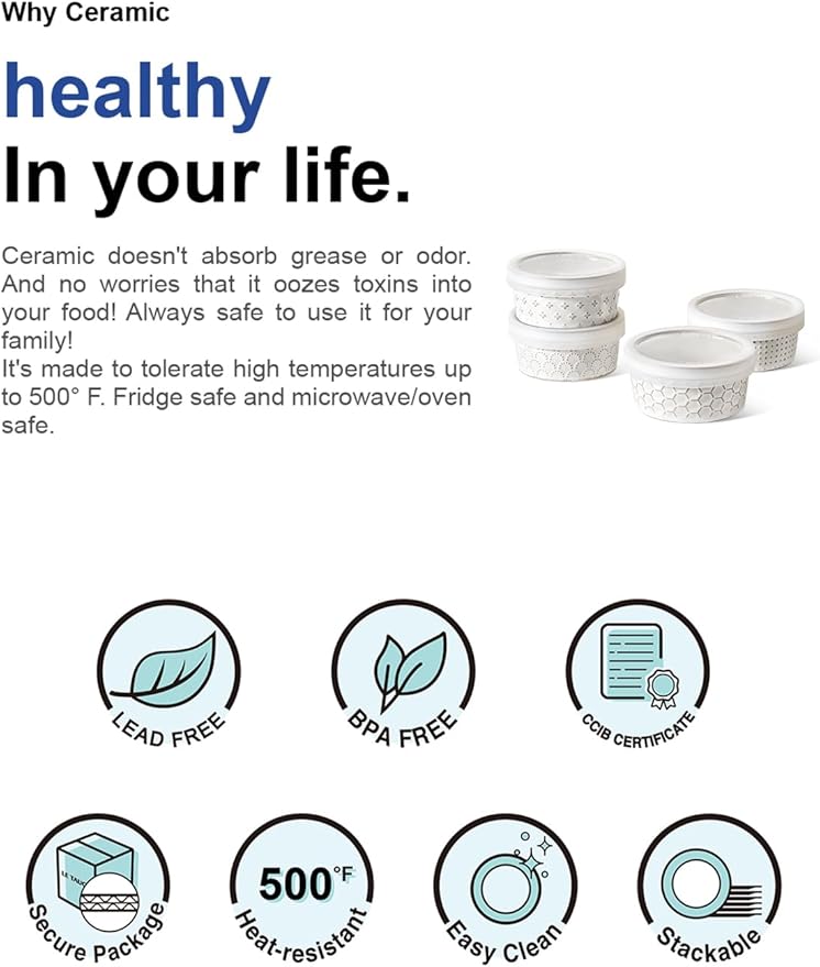 LE TAUCI Ramekins Oven Safe with Lids, 6 oz Ramikin Set for Creme brulee, Souffle, Dipping Sauces, Ceramic Food Storage Containers, Baking Dishes - 4.2 inch, Set of 4, Arctic White