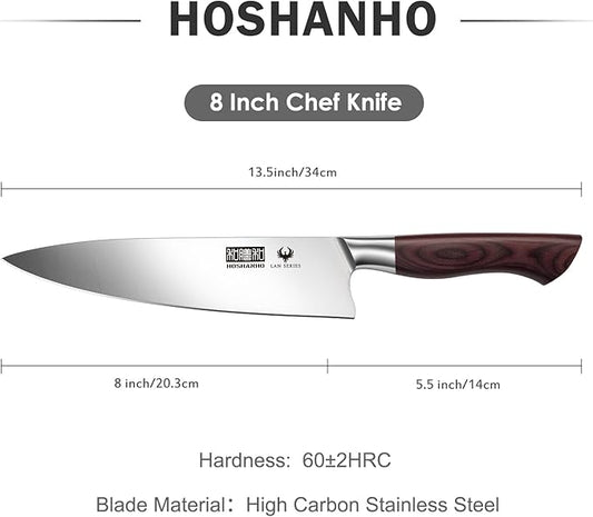 HOSHANHO 8 Inch Chef Knife for Cooking, Super Sharp High Carbon Stainless Steel Kitchen Knife, Professional Japanese Knife with Durable Wood Handle