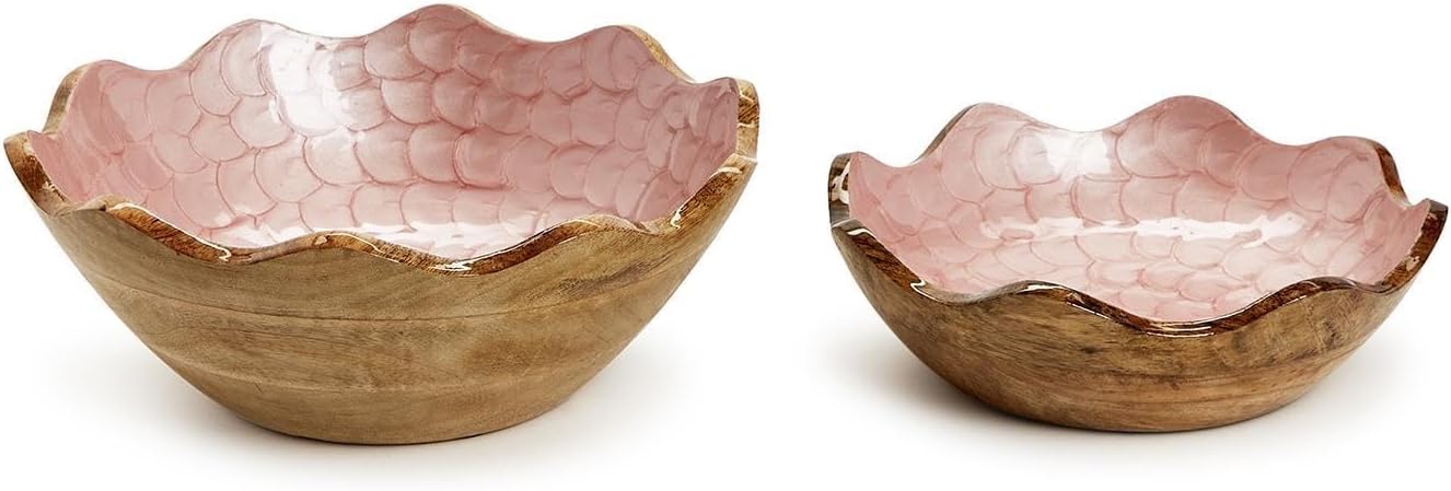 Two's Company Shimmering Rose Hand Crafted Scalloped Edge Wood Bowl, Set of 2, Mango Wood, 54902