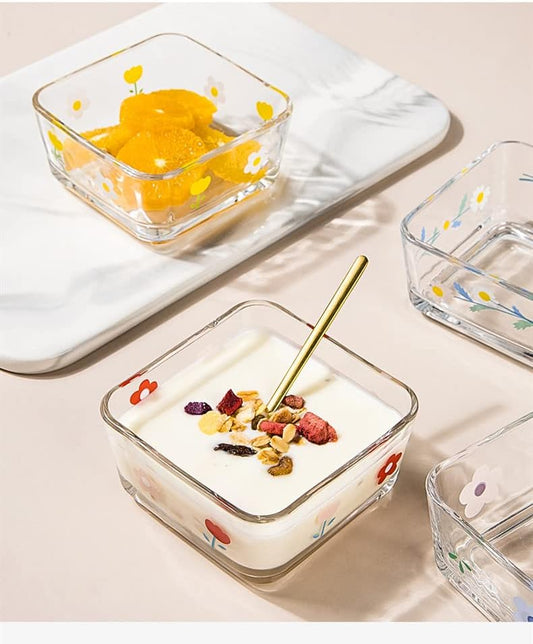 9 OZ Small Flower Candy Dish Cute Floral Candy Bowl Mini Square Glass Bowl for Dessert,Snack,Fruit,Icecream,Yogurt,Dipping,Prep,Clear Serving Bowl,set of 2