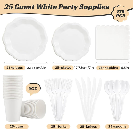 175 Pcs White Plates and Napkins Set, 25 Guest White Party Supplies Include Scalloped Plate Paper Napkin Cup Forks Knives Disposable Plastic Cutlery for Wedding Baby Shower Birthday Party