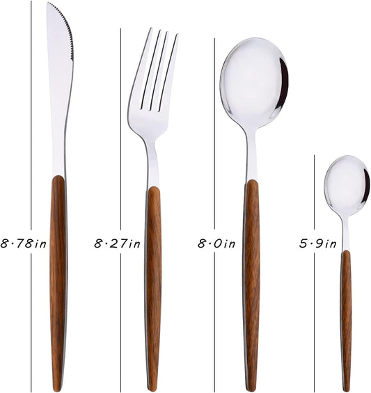 24-Piece Silverware Set for 6, Silver Mirror Polished Stainless Steel Flatware Set, Wooden Effect Handle Utensil Set for Home Hotel Restaurant, Family Cutlery Set Include Knife Fork Spoon