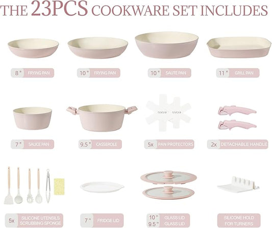 23Pcs Ceramic Cookware Set Non Stick Pots and Pans Set Non Toxic with Detachable Handle Induction Kitchen Cookware Set Space Saving, Oven & Dishwasher Safe, Pink